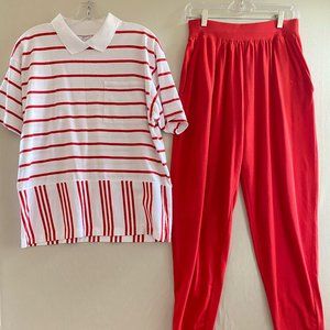 Vintage Nike Red Striped Polo And Red Sweatpants Matching Set